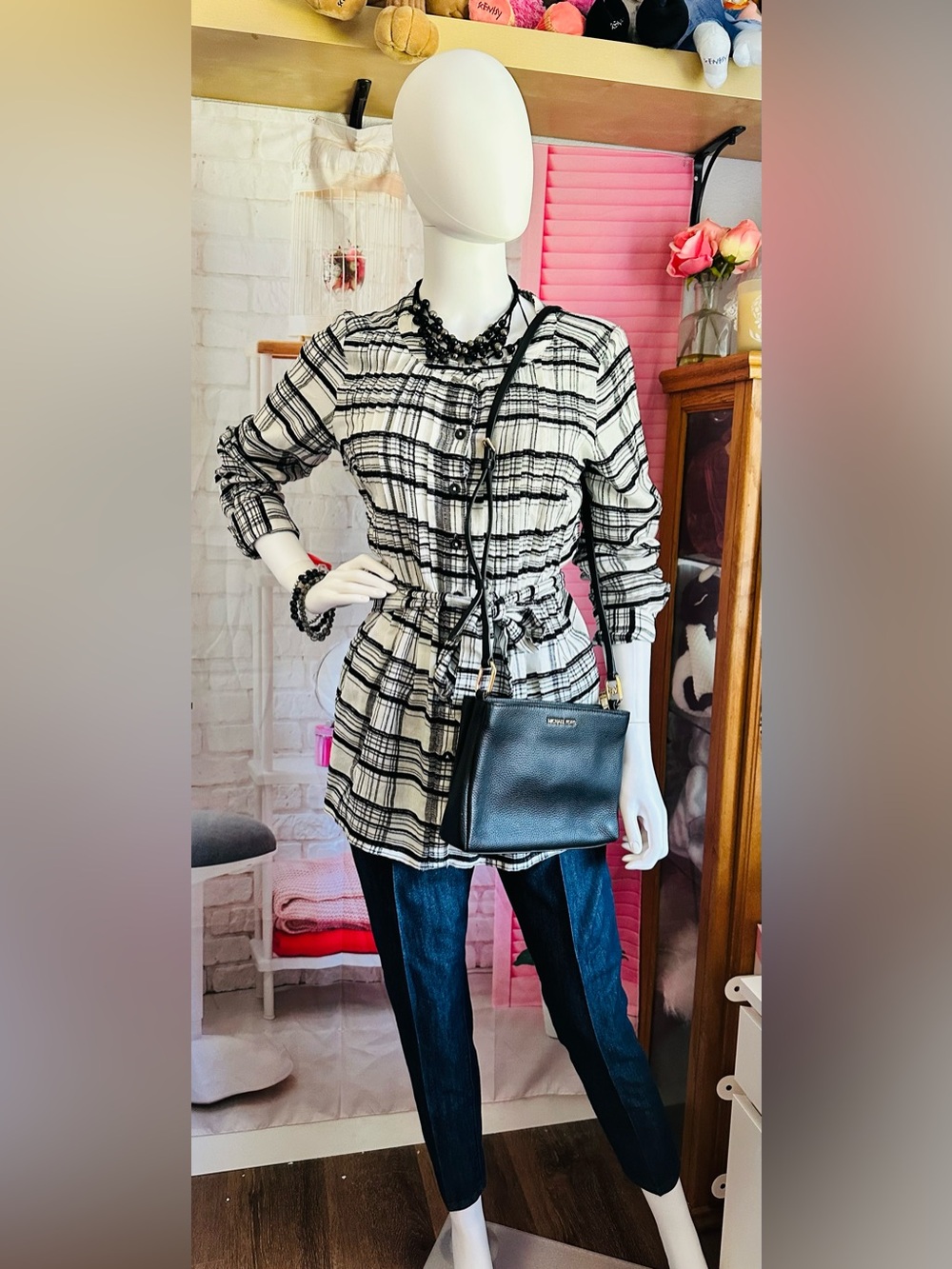 Anthropologie Black & White Plaid Belted Tunic - Picture 6 of 8